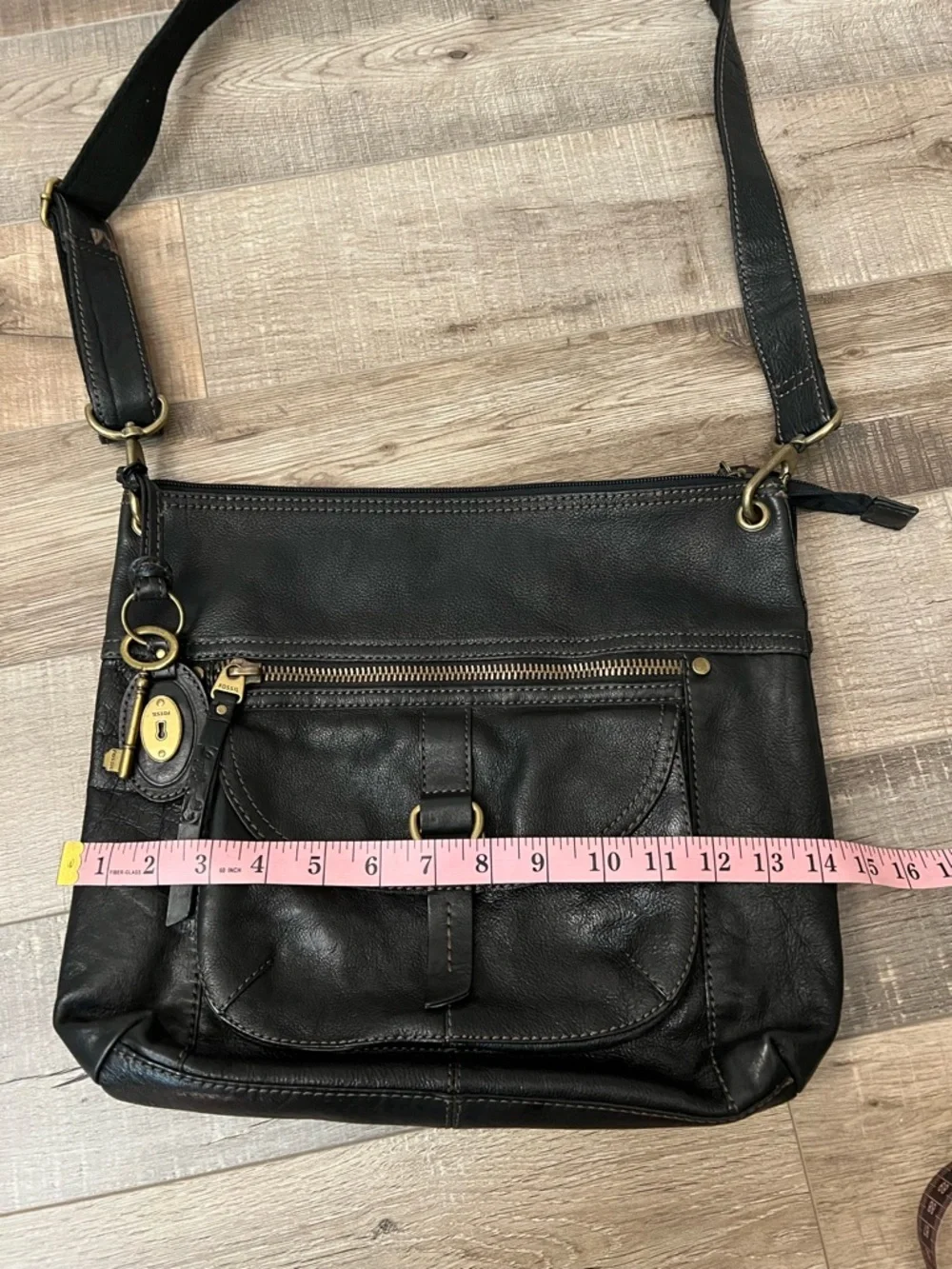 Fossil Black Leather Crossbody with Brass Hardware